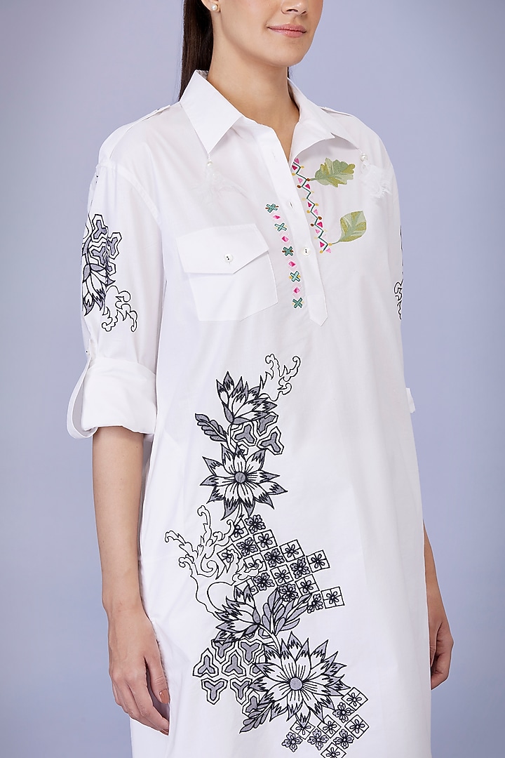 White Cotton Cutwork Embroidered Pathani Tunic Set by Dilnaz Karbhary at Pernia's Pop Up Shop