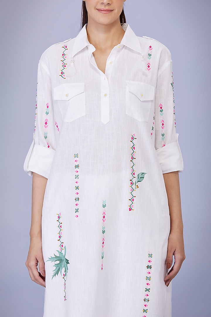 White Blended Linen Embroidered Pathani Tunic by Dilnaz Karbhary at Pernia's Pop Up Shop