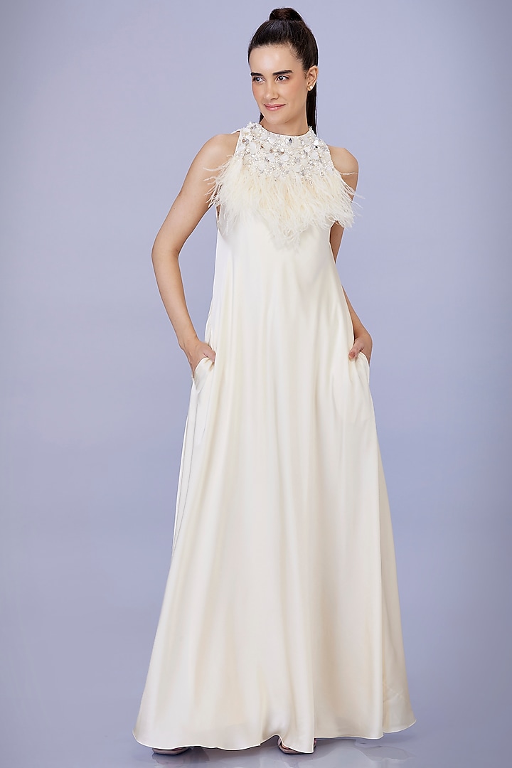 Creme Pure Chamois & Poly Satin Sequins Embroidered Gown by Dilnaz Karbhary at Pernia's Pop Up Shop