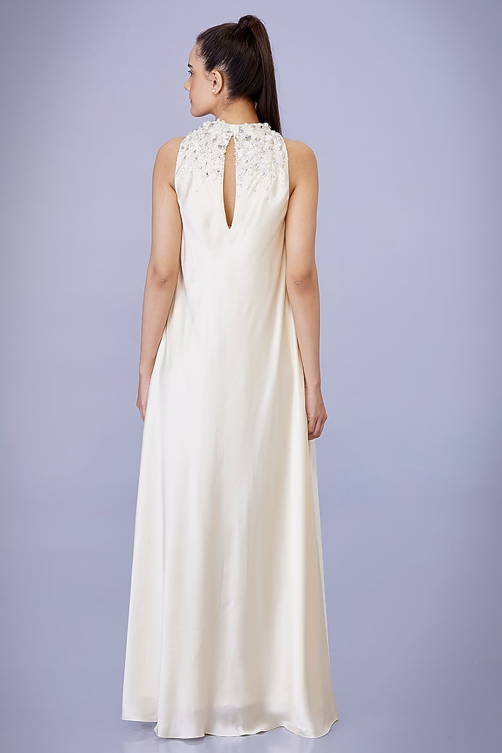 Creme Pure Chamois & Poly Satin Sequins Embroidered Engagement Gown by Dilnaz Karbhary at Pernia's Pop Up Shop