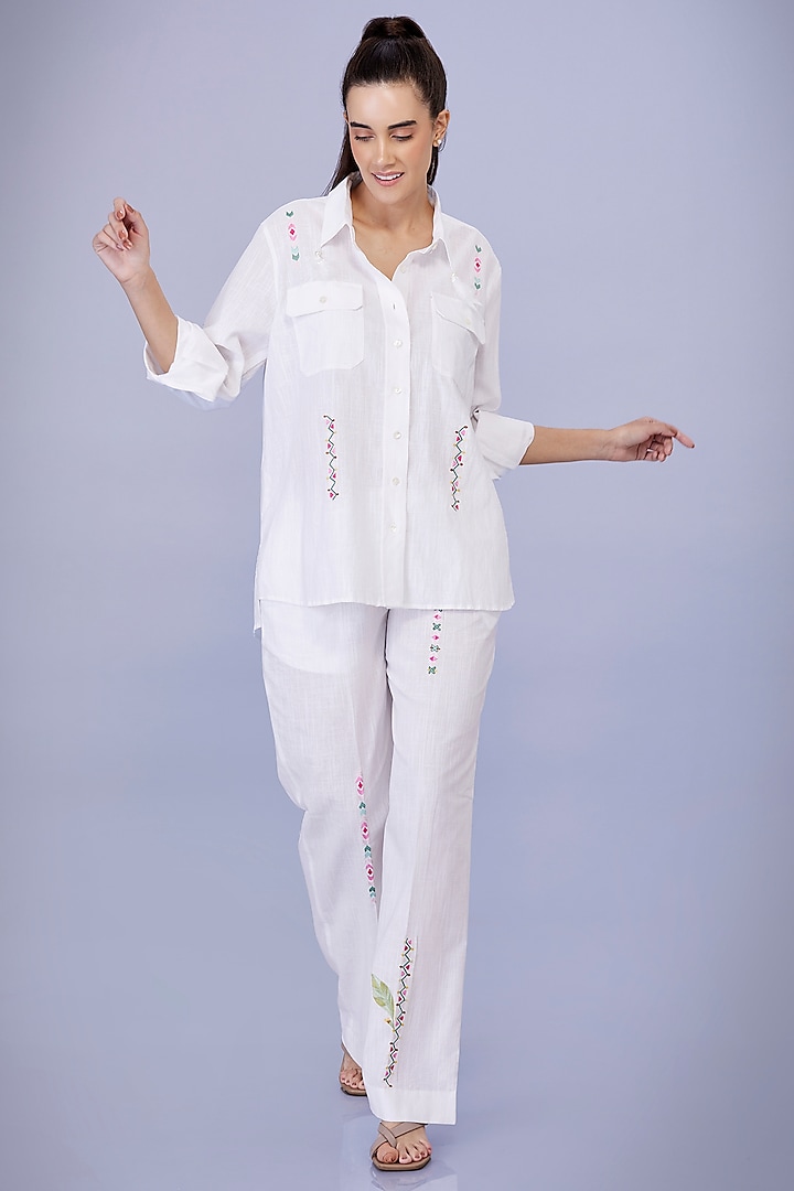 White Shirt Blended Linen Embroidered Shirt by Dilnaz Karbhary at Pernia's Pop Up Shop