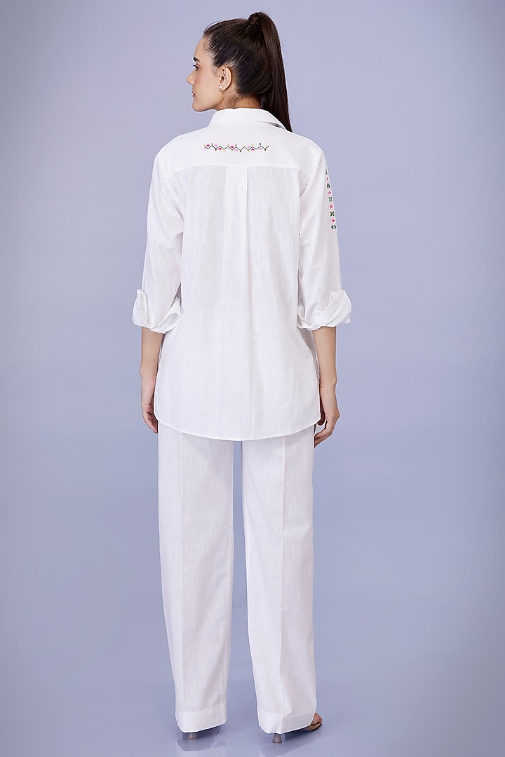 White Shirt Blended Linen Embroidered Shirt by Dilnaz Karbhary at Pernia's Pop Up Shop