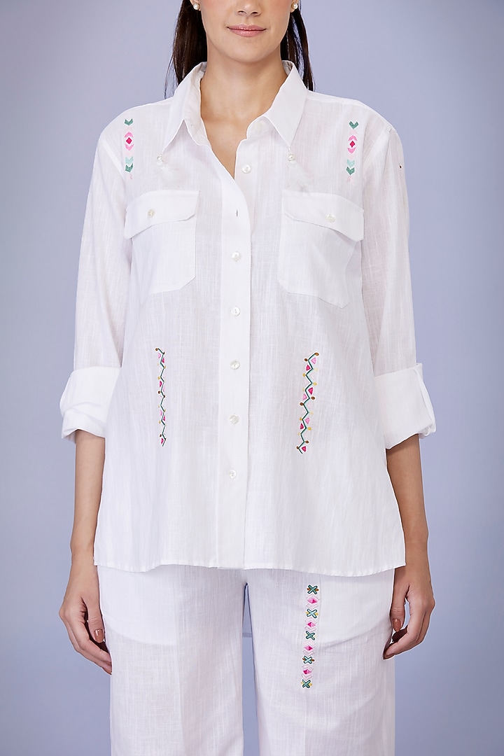 White Shirt Blended Linen Embroidered Shirt by Dilnaz Karbhary at Pernia's Pop Up Shop