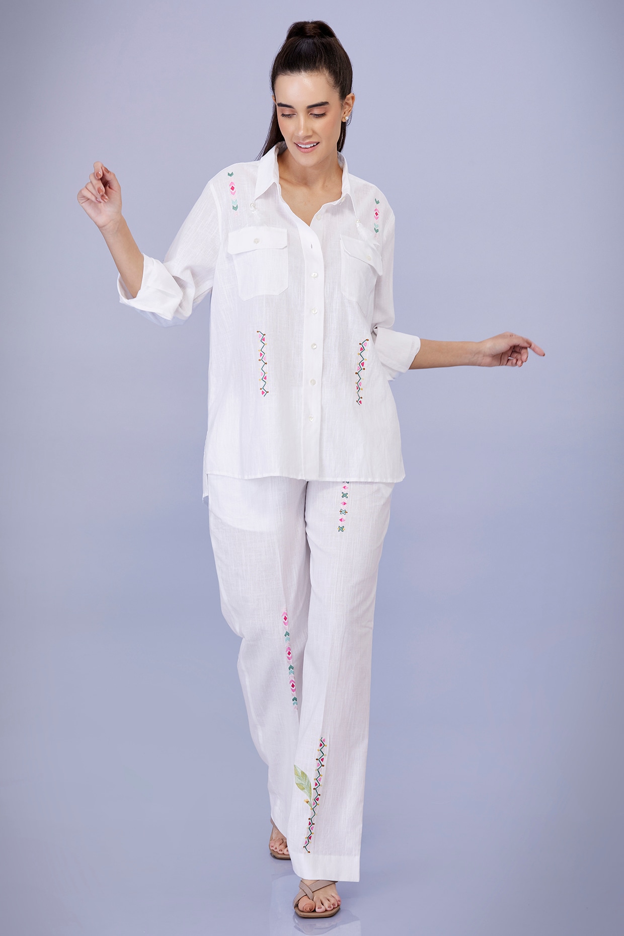 White Shirt Blended Linen Embroidered Trousers by Dilnaz Karbhary