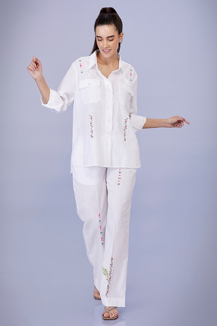 White Shirt Blended Linen Embroidered Trousers by Dilnaz Karbhary at Pernia's Pop Up Shop