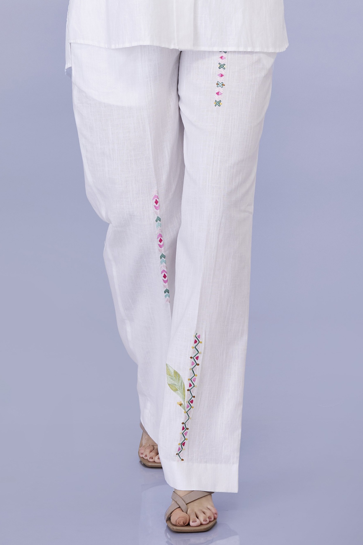White Shirt Blended Linen Embroidered Trousers by Dilnaz Karbhary