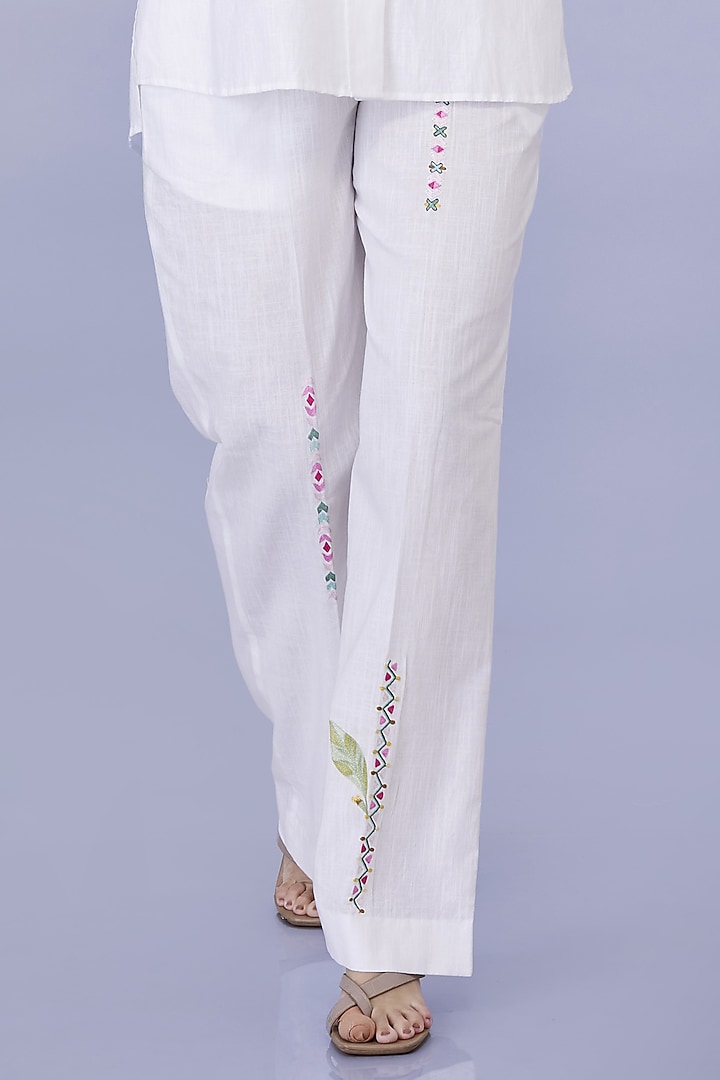 White Shirt Blended Linen Embroidered Trousers by Dilnaz Karbhary at Pernia's Pop Up Shop