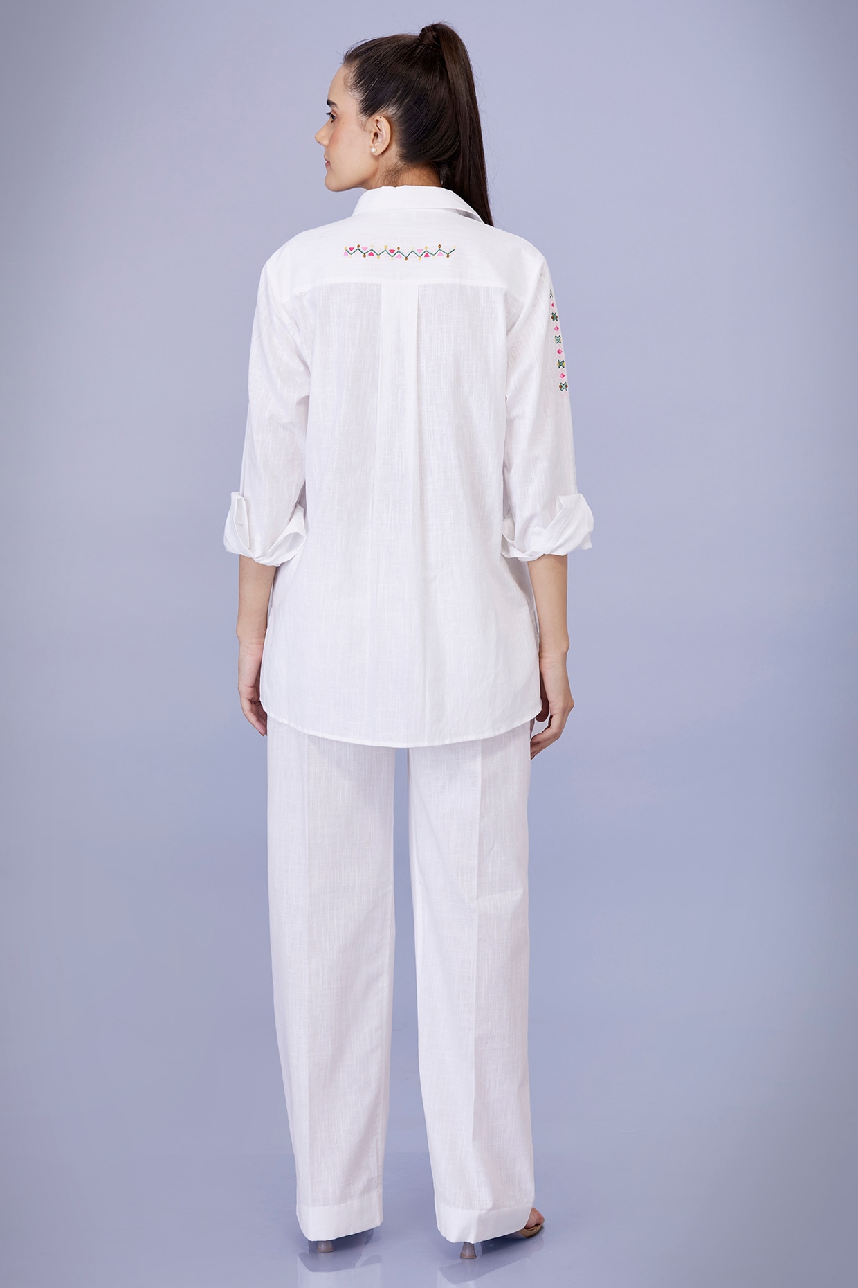 White Shirt Blended Linen Embroidered Trousers by Dilnaz Karbhary