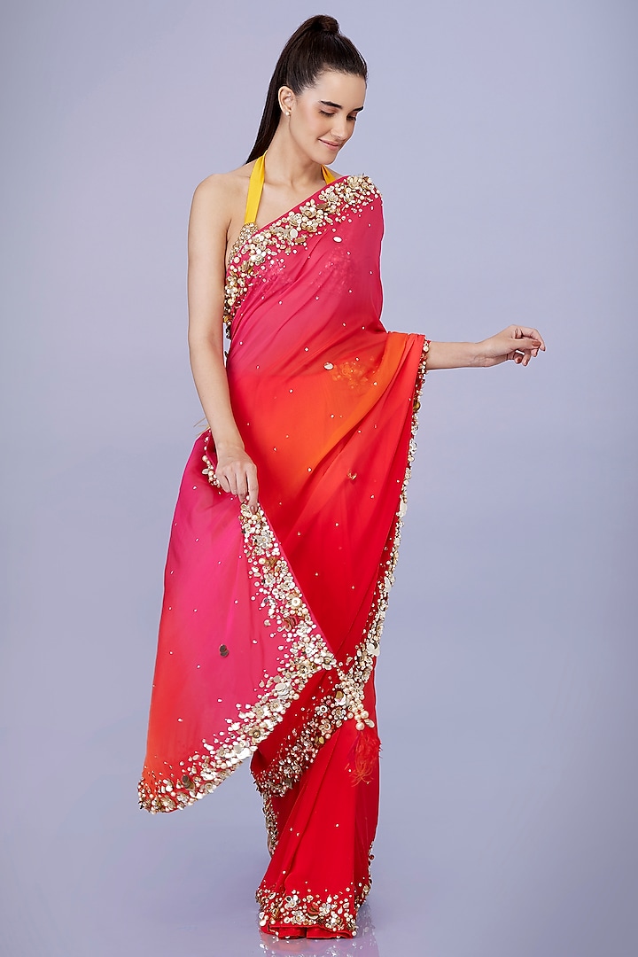 Pink & Orange Shaded Georgette Sequins Embroidered Saree Set by Dilnaz Karbhary at Pernia's Pop Up Shop