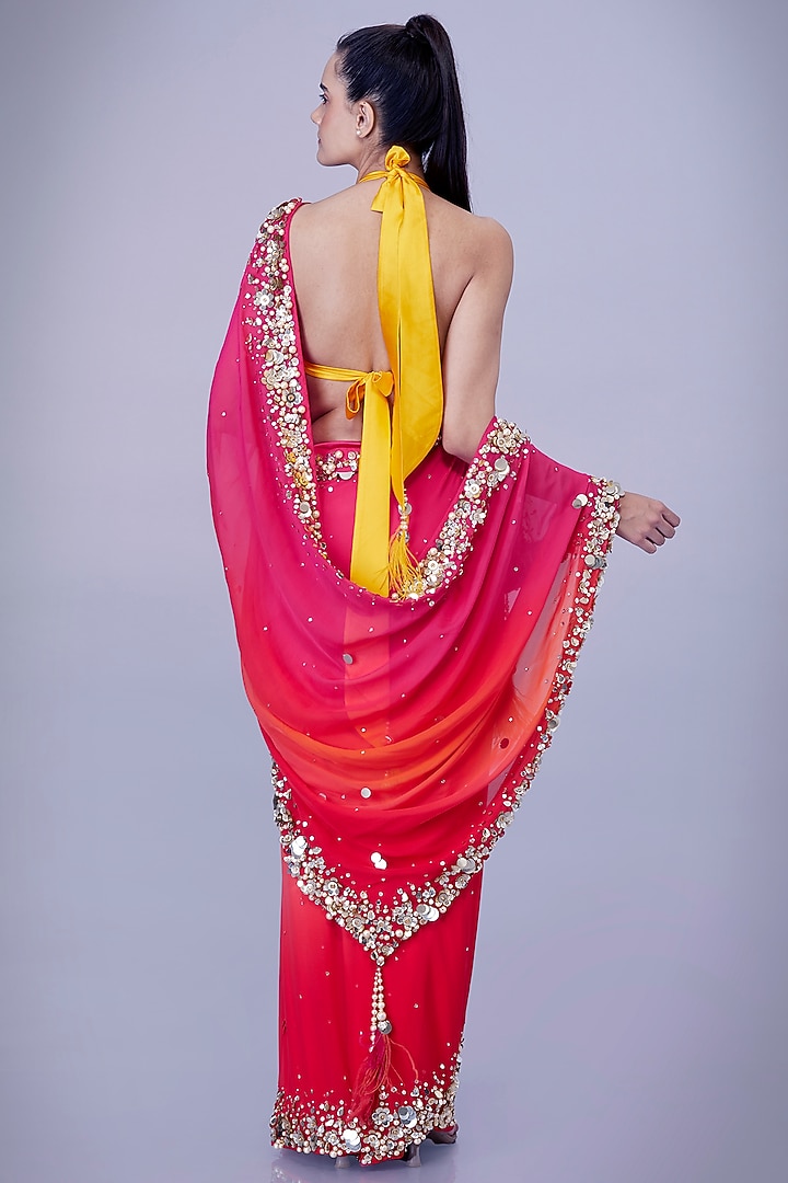 Pink & Orange Shaded Georgette Sequins Embroidered Reception Saree Set by Dilnaz Karbhary at Pernia's Pop Up Shop