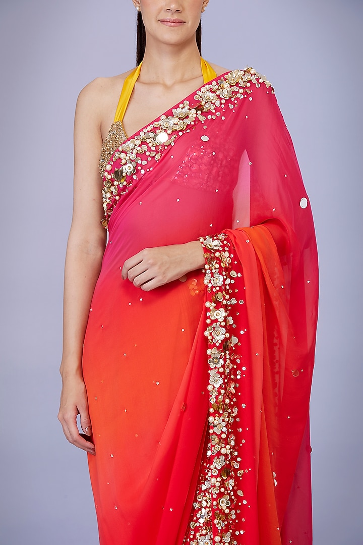 Pink & Orange Shaded Georgette Sequins Embroidered Reception Saree Set by Dilnaz Karbhary at Pernia's Pop Up Shop