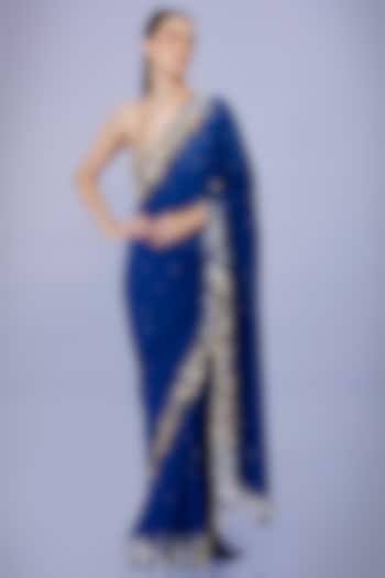 Sapphire Blue Georgette Sequins Embroidered Saree Set by Dilnaz Karbhary at Pernia's Pop Up Shop