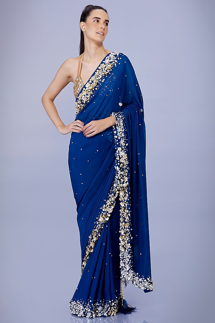 Sapphire Blue Georgette Sequins Embroidered Saree Set by Dilnaz Karbhary at Pernia's Pop Up Shop