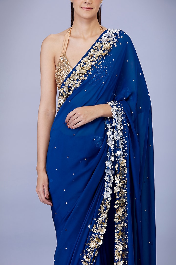 Sapphire Blue Georgette Sequins Embroidered Reception Saree Set by Dilnaz Karbhary at Pernia's Pop Up Shop