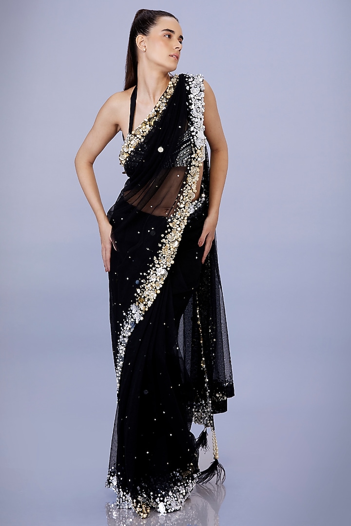 Black Net Sequins Embroidered Saree Set by Dilnaz Karbhary at Pernia's Pop Up Shop