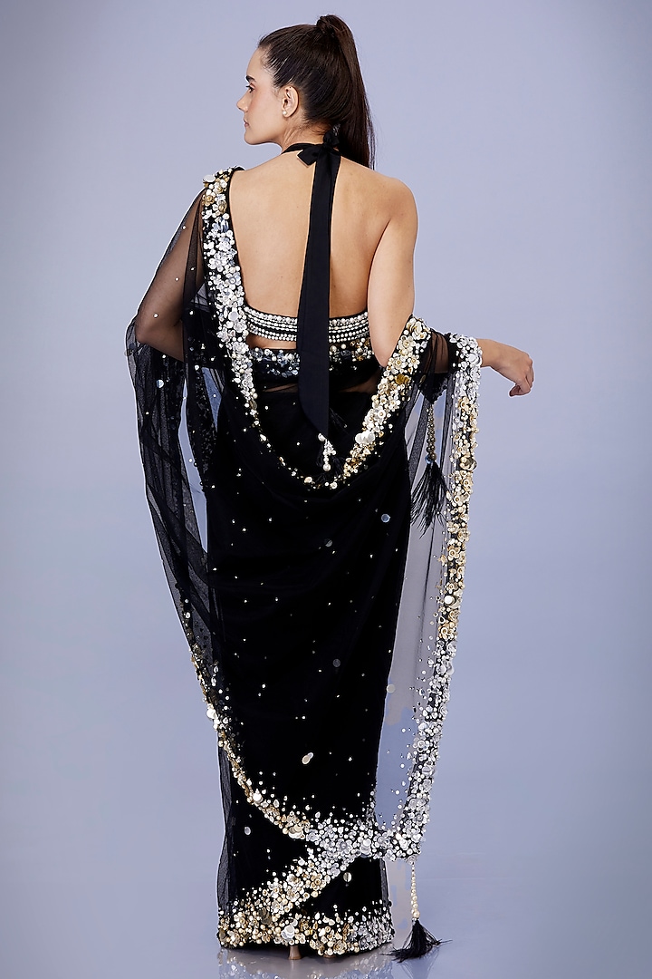 Black Net Sequins Embroidered Reception Saree Set by Dilnaz Karbhary at Pernia's Pop Up Shop