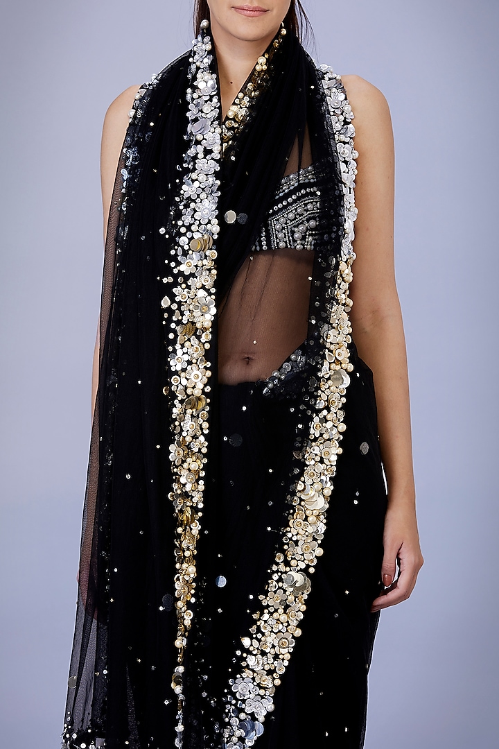 Black Net Sequins Embroidered Reception Saree Set by Dilnaz Karbhary at Pernia's Pop Up Shop