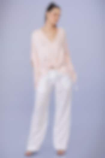 White Blended Linen Pearl & Mirror Embroidered Trousers by Dilnaz Karbhary at Pernia's Pop Up Shop