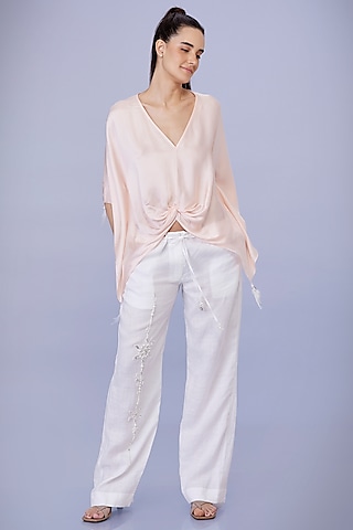 White Blended Linen Pearl & Mirror Embroidered Trousers by Dilnaz Karbhary