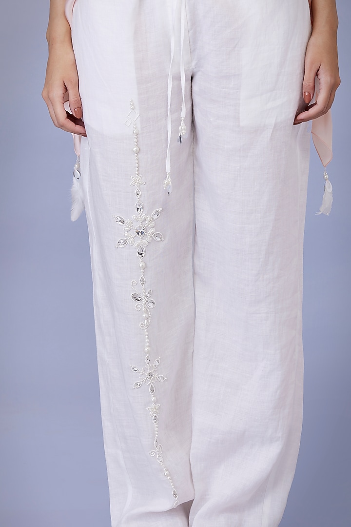 White Blended Linen Pearl & Mirror Embroidered Trousers by Dilnaz Karbhary at Pernia's Pop Up Shop