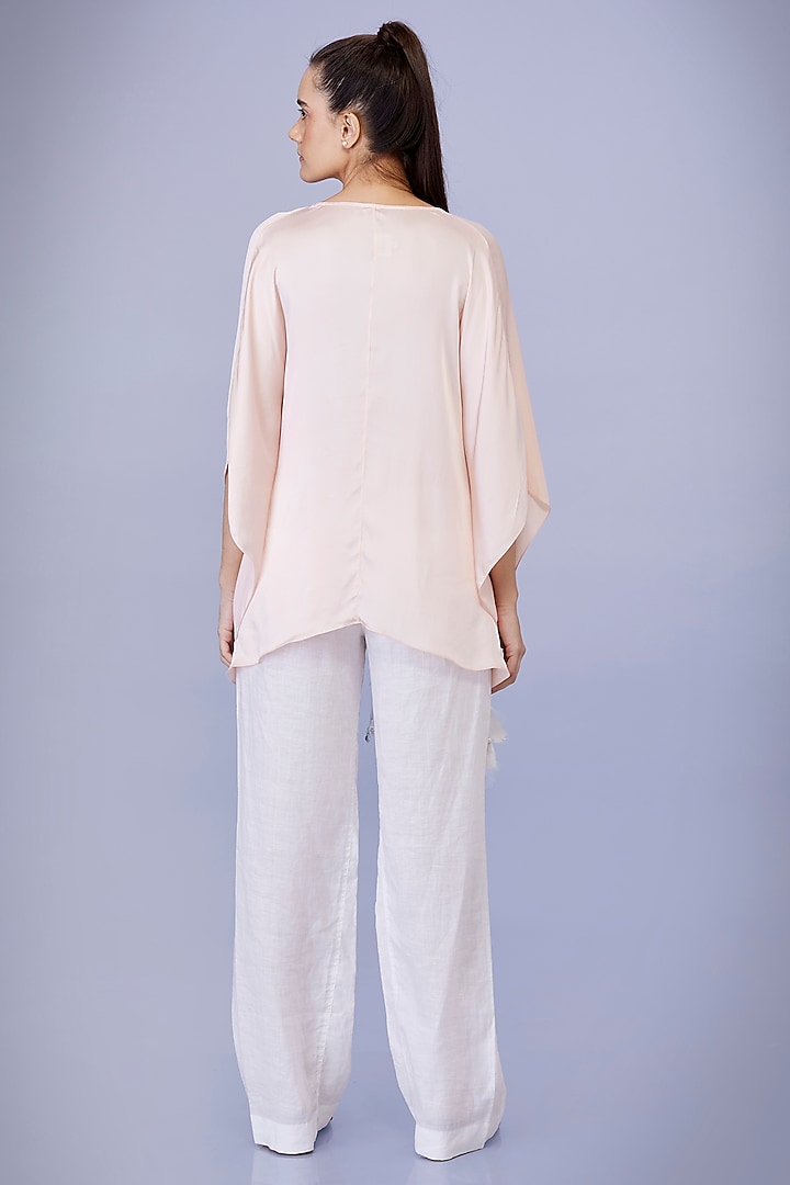 White Blended Linen Pearl & Mirror Embroidered Trousers by Dilnaz Karbhary at Pernia's Pop Up Shop