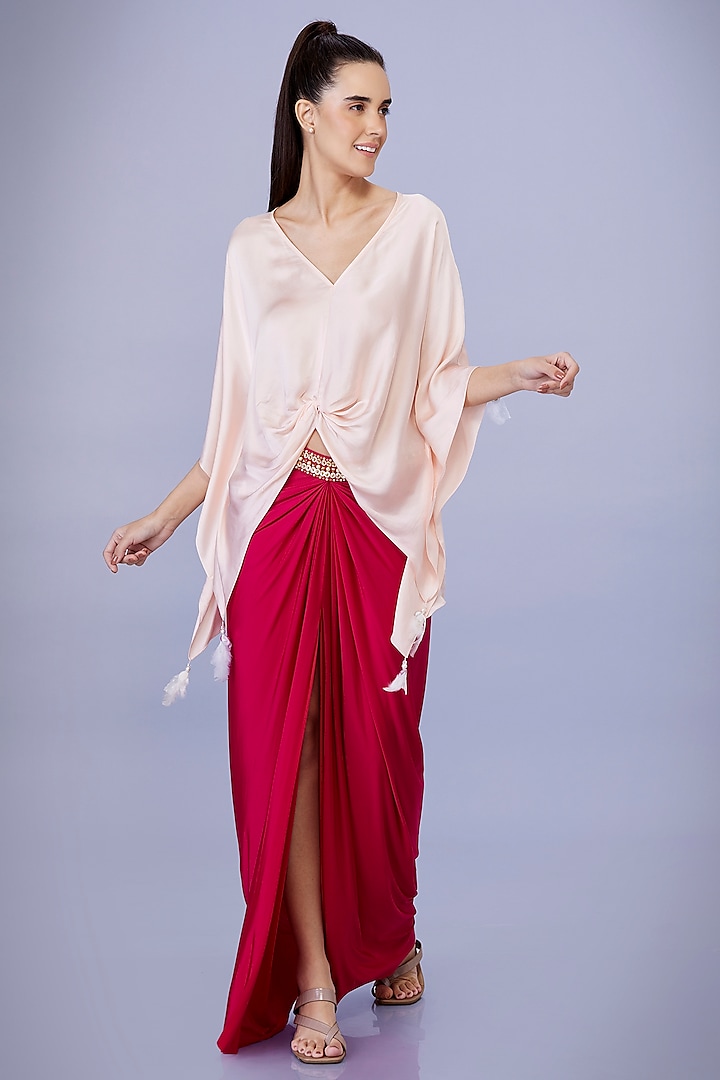 Ruby Pink Lycra Embroidered Draped Skirt by Dilnaz Karbhary at Pernia's Pop Up Shop