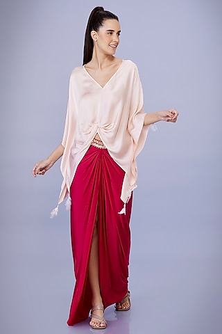 Ruby Pink Lycra Embroidered Draped Skirt by Dilnaz Karbhary