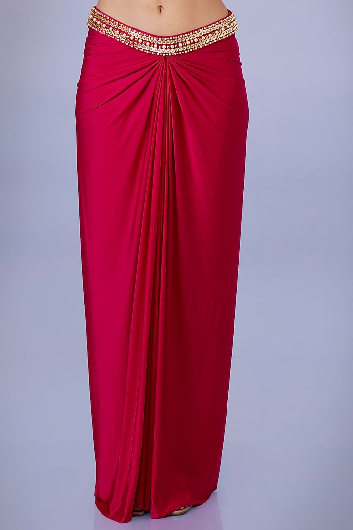 Ruby Pink Lycra Embroidered Draped Skirt by Dilnaz Karbhary at Pernia's Pop Up Shop