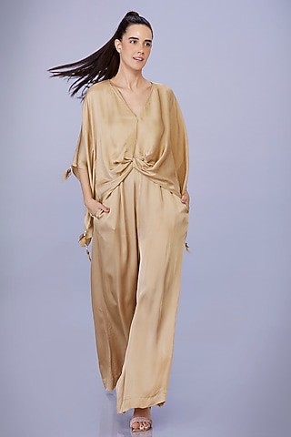 Light Gold Blended Satin Kaftan With Jumpsuit by Dilnaz Karbhary
