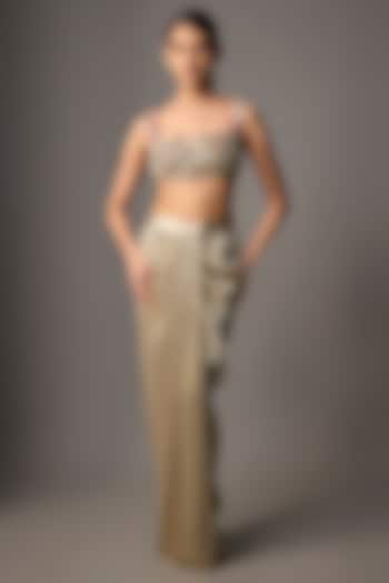 Golden Net & Poly Satin Sequin Embroidered Blouse by Dilnaz Karbhary at Pernia's Pop Up Shop