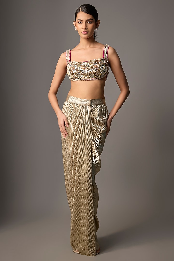 Golden Net & Poly Satin Sequin Embroidered Blouse by Dilnaz Karbhary at Pernia's Pop Up Shop