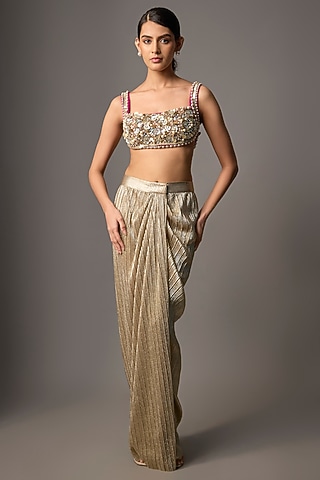 Golden Net & Poly Satin Sequin Embroidered Blouse by Dilnaz Karbhary