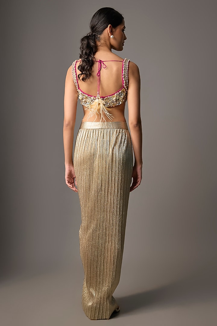 Golden Net & Poly Satin Sequin Embroidered Blouse by Dilnaz Karbhary at Pernia's Pop Up Shop