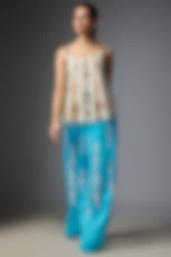 Pop Blue Blended Linen Embroidered Trousers by Dilnaz Karbhary at Pernia's Pop Up Shop
