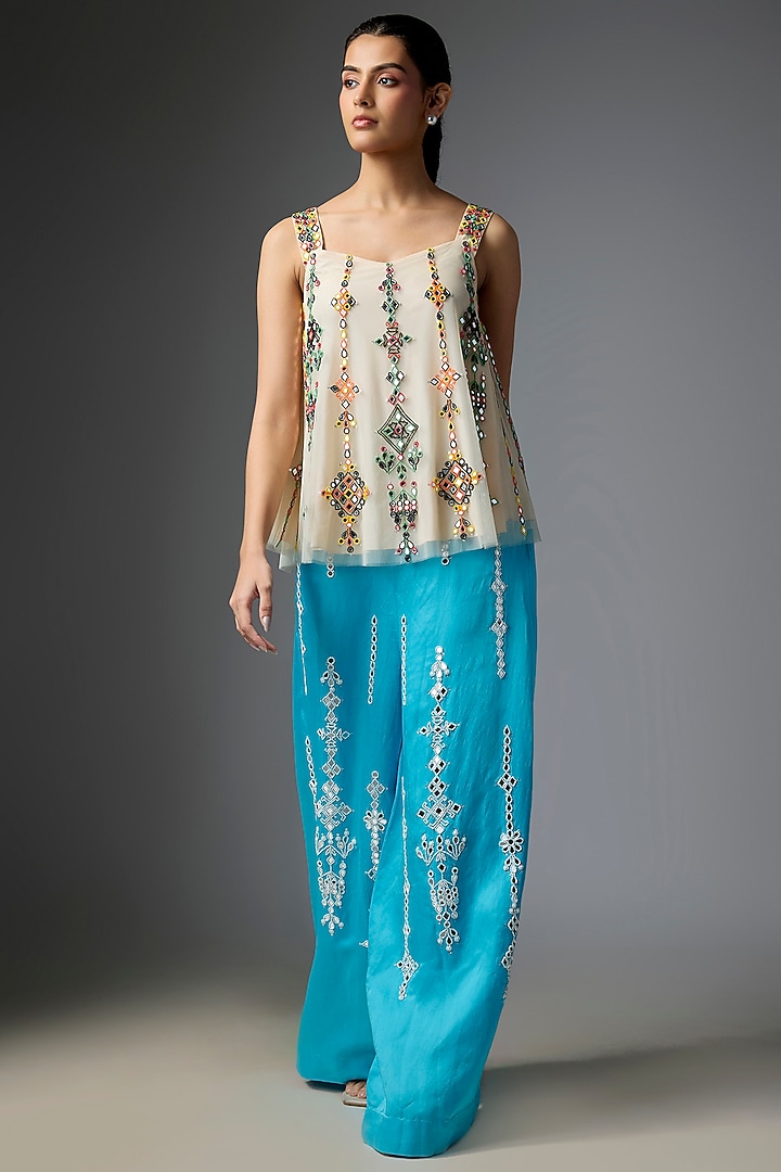 Pop Blue Blended Linen Embroidered Trousers by Dilnaz Karbhary at Pernia's Pop Up Shop