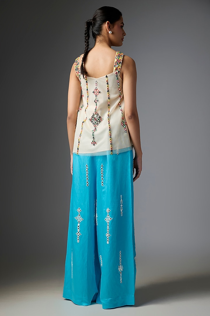 Pop Blue Blended Linen Embroidered Trousers by Dilnaz Karbhary at Pernia's Pop Up Shop