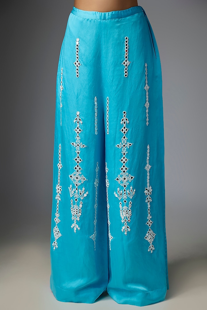 Pop Blue Blended Linen Embroidered Trousers by Dilnaz Karbhary at Pernia's Pop Up Shop