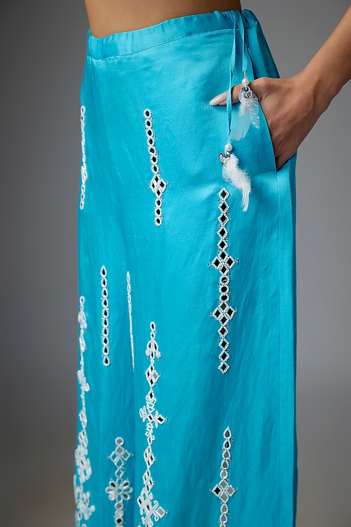 Pop Blue Blended Linen Embroidered Trousers by Dilnaz Karbhary at Pernia's Pop Up Shop
