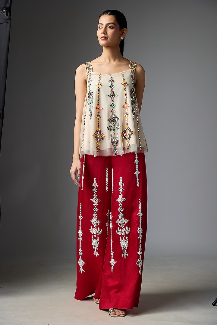 Red Blended Linen Embroidered Trousers by Dilnaz Karbhary at Pernia's Pop Up Shop