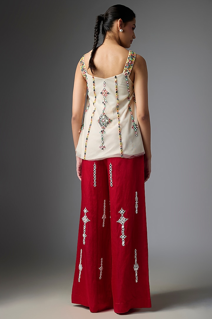 Red Blended Linen Embroidered Trousers by Dilnaz Karbhary at Pernia's Pop Up Shop