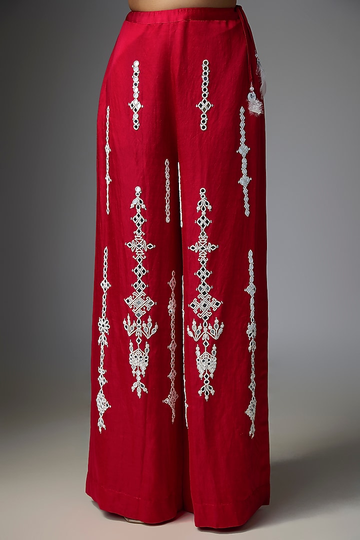 Red Blended Linen Embroidered Trousers by Dilnaz Karbhary at Pernia's Pop Up Shop
