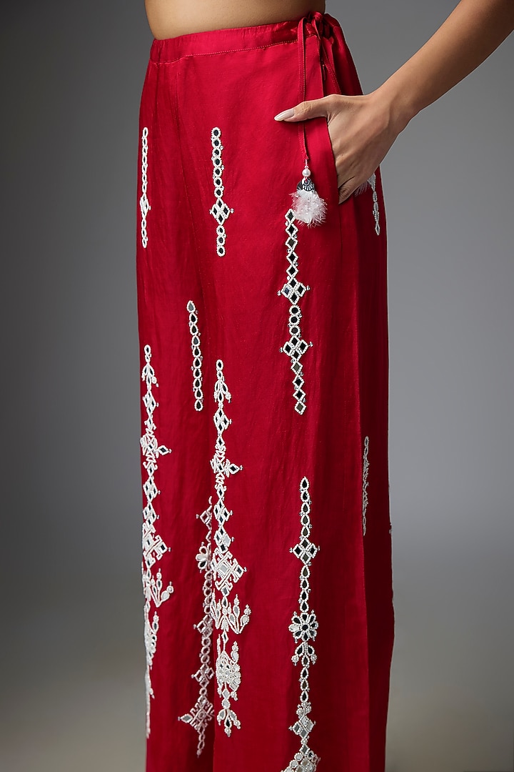 Red Blended Linen Embroidered Trousers by Dilnaz Karbhary at Pernia's Pop Up Shop
