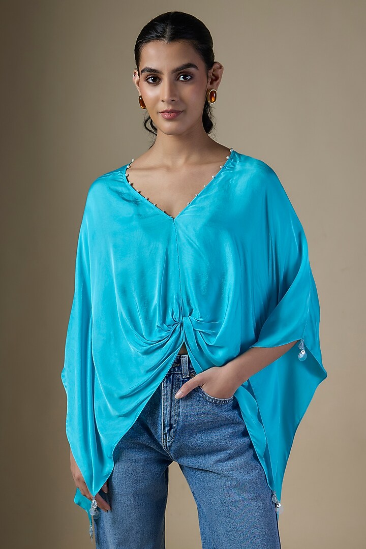 Pop Blue Blended Satin Kaftan by Dilnaz Karbhary at Pernia's Pop Up Shop
