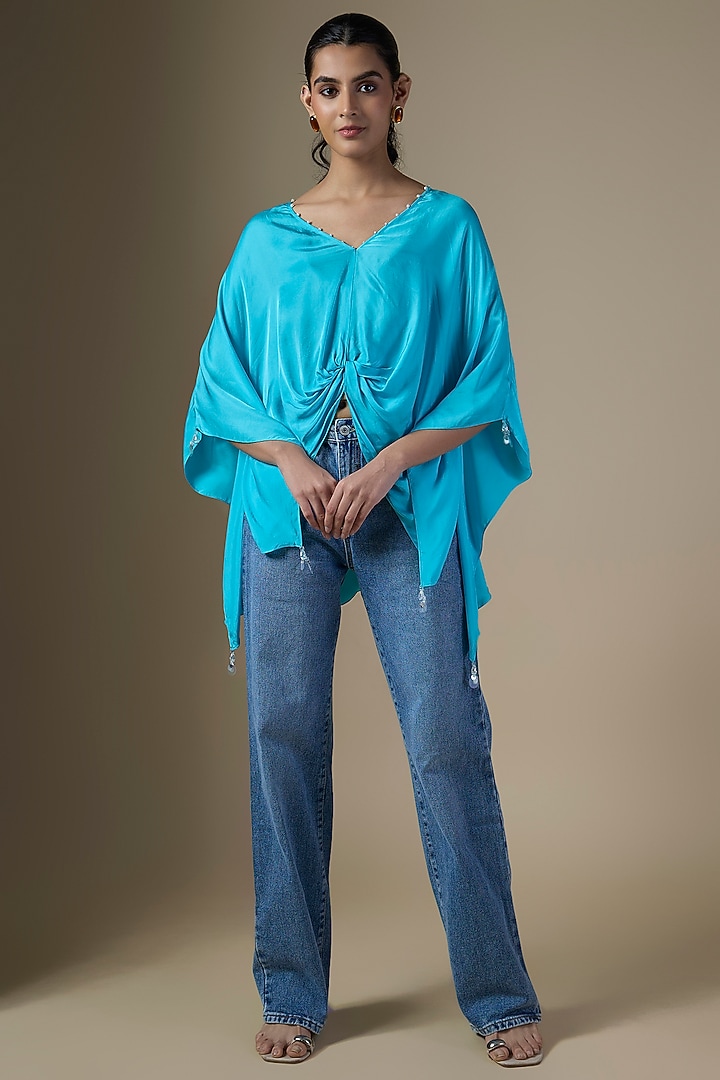 Pop Blue Blended Satin Kaftan by Dilnaz Karbhary at Pernia's Pop Up Shop