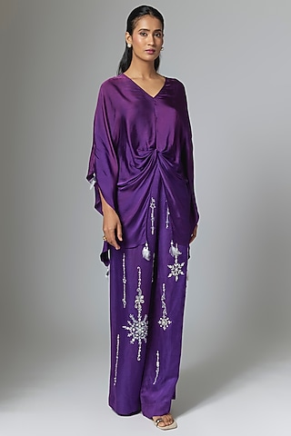 Purple Blended Linen Trousers by Dilnaz Karbhary