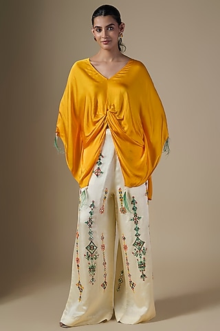 Cream Blended Linen Trousers by Dilnaz Karbhary