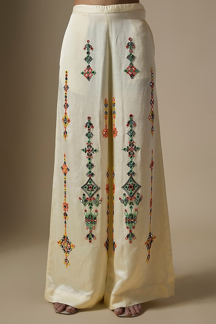 Cream Blended Linen Trousers by Dilnaz Karbhary at Pernia's Pop Up Shop