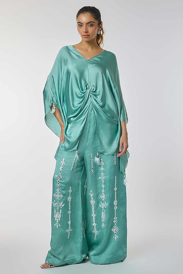 Jade Blue Blended Linen Mirror Work Trousers by Dilnaz Karbhary at Pernia's Pop Up Shop