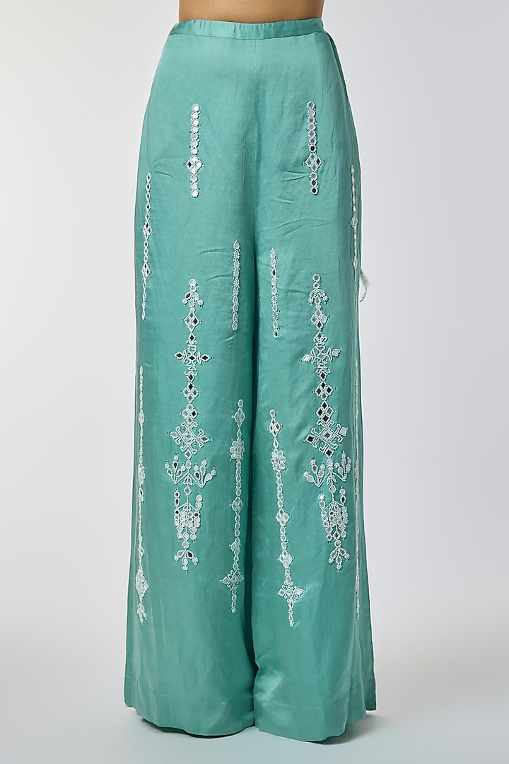 Jade Blue Blended Linen Mirror Work Trousers by Dilnaz Karbhary at Pernia's Pop Up Shop