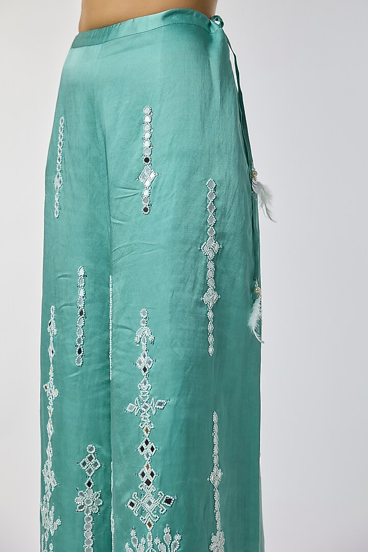 Jade Blue Blended Linen Mirror Work Trousers by Dilnaz Karbhary at Pernia's Pop Up Shop